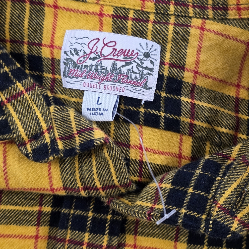 J.Crew Flannel Shirt Men L Yellow Plaid Midweight Button Down Classic Fit NWOT - Picture 8 of 10